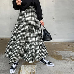 Lunivop Maxi Gingham Skirt Women Ankle Length Cotton-linen Black & White Plaid Elastic Waist Tiered Pleated Long Skirt Ladies falds