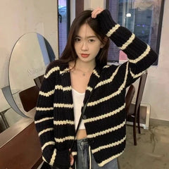 Lunivop Button Front Striped Hood Cardigan Sweater for Women Long Sleeve Button-up Knitted Sweater Jacket Fall Winter Casual Outfit
