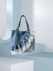 Lunivop  Washed Denim Double-layer Lace Shoulder Bags New Fashionable Commuting Women's Tote Bag