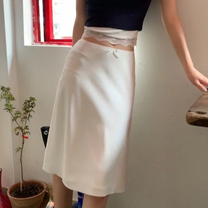 Lunivop  Deeptown Elegant White Women Satin Skirt Fairycore Ruffle Mid Skirts Coquette A-line Basic Casual Korean Style Summer Silk Skirt