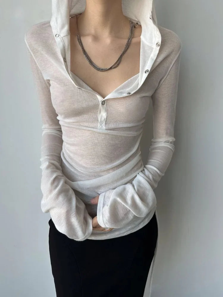 Lunivop  See Through Thin Long Sleeve Tops Mujer 2025 Summer New Slim Fit T-shirt for Women Ruched Drawstring Hoodie Tee Shirt