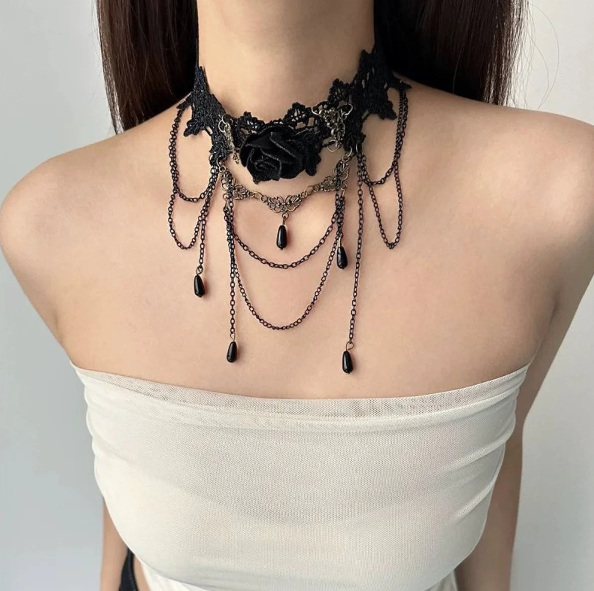 Lunivop Trendy Black Lace Flower Tassel Choker Necklace for Women Punk Gothic Halloween Chocker Jewelry Collar Accessories