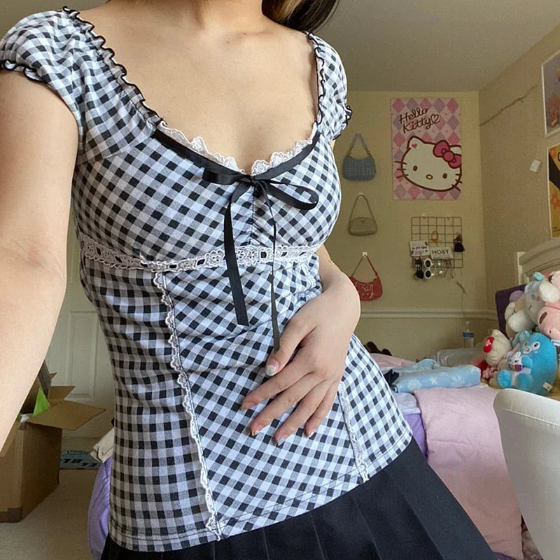 Lunivop  T Shirts Y2k Clothes 2000s Lattice Casual Women Clothing Crop Tops Graphic T shirt Kpop Harajuku Kawaii Body Tee Sweet Girl Top