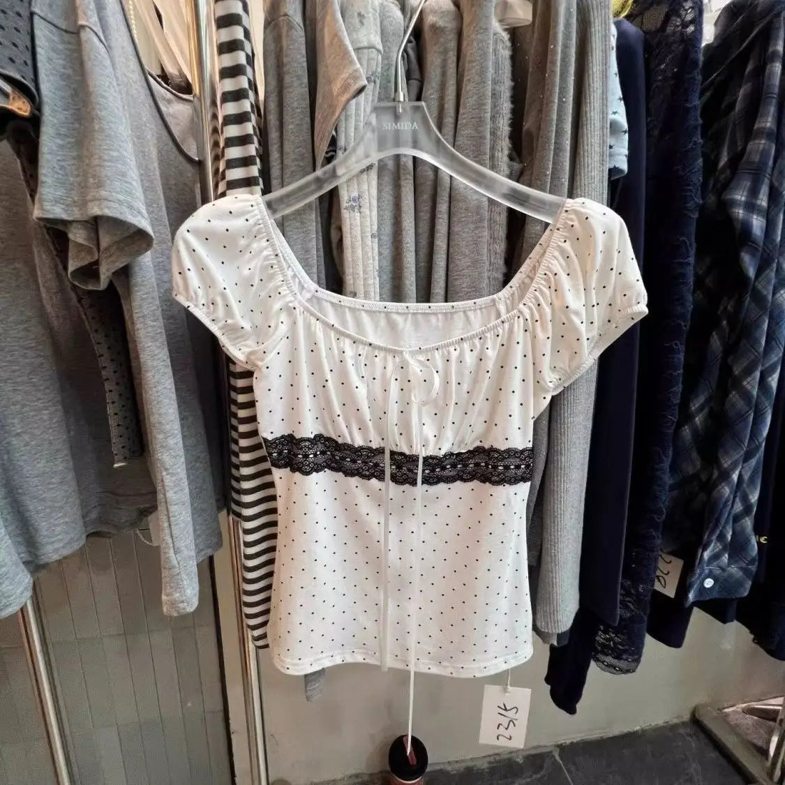 Lunivop  New Sweet Spice Girls Lace Patchwork Vests Polka Dot Square Collar Puff Sleeve Tanks Slim Exquisite Minority Fresh Camis