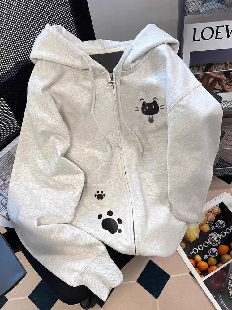 Lunivop Cartoon Print Cute Hoodies Women Vintage Long Sleeve Loose Kawaii Sweatshirt Japan Retro Casual Pockets Female Gray Y2K Tops New