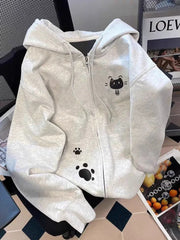 Lunivop Cartoon Print Cute Hoodies Women Vintage Long Sleeve Loose Kawaii Sweatshirt Japan Retro Casual Pockets Female Gray Y2K Tops New