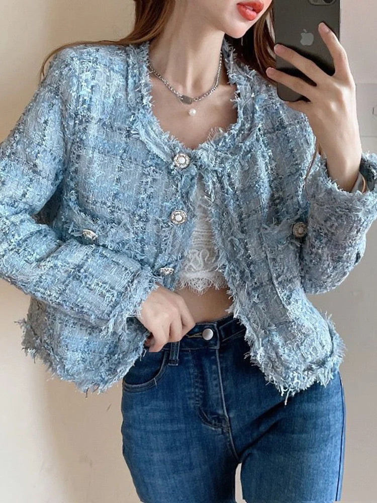 Lunivop  Zoki Chic Tassel Slim Tweed Jacket Women Casual Sweet Long Sleeve Short Coat Korean Fashion O Neck Elegant Design Plaid Tops New