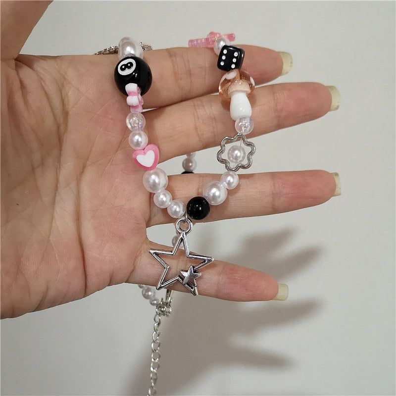 Lunivop Kpop Goth Vintage Y2K Angel Star Cross Heart Pendant Pink Beaded Snake Chain Necklace For Women Men Punk Jewelry EMO Accessories