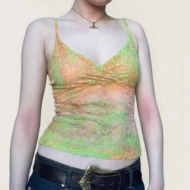 Lunivop  y2k Lace Tie Dye Camis Chic Slim-fitting Cropped Top for Women Vintage 90s Mini Vest Summer Holiday Sexy Transparent Tees