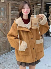 Lunivop Y2K Streetwear Faux Lamb Suede Jacket Women Vintage Winter Long Sleeve Hooded Coat American Retro Loose Lady Pockets Warm Tops