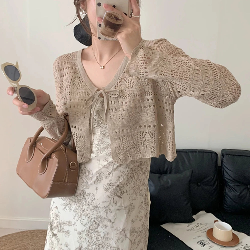 Lunivop Tie Front Crop Cardigan Long Sleeve Pointelle Knit Openwork Shrug Jacket Women Teen-girl Spring Summer Fairycore Outfit