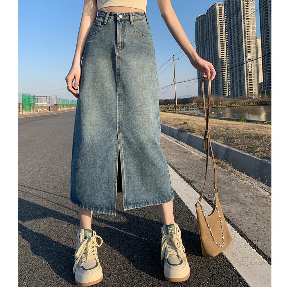 Lunivop Summer Women High-waist Retro A- line Skirt Pockets Front Slit Washed Blue Denim Skirts Hip-covering Straight Long Jeans Skirt