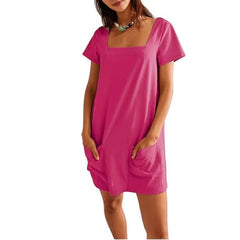 Lunivop  Women's Fashion Dress Loose Waist, Summer Short-sleeved Square Neck Pocket Casual Dress