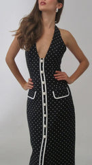 Lunivop  Fashion Polka Dot Halter Neck Women Dress Elegant Pearl Buttons White Trim Deep V-neck Slim Maxi Dresses Street Vestidos