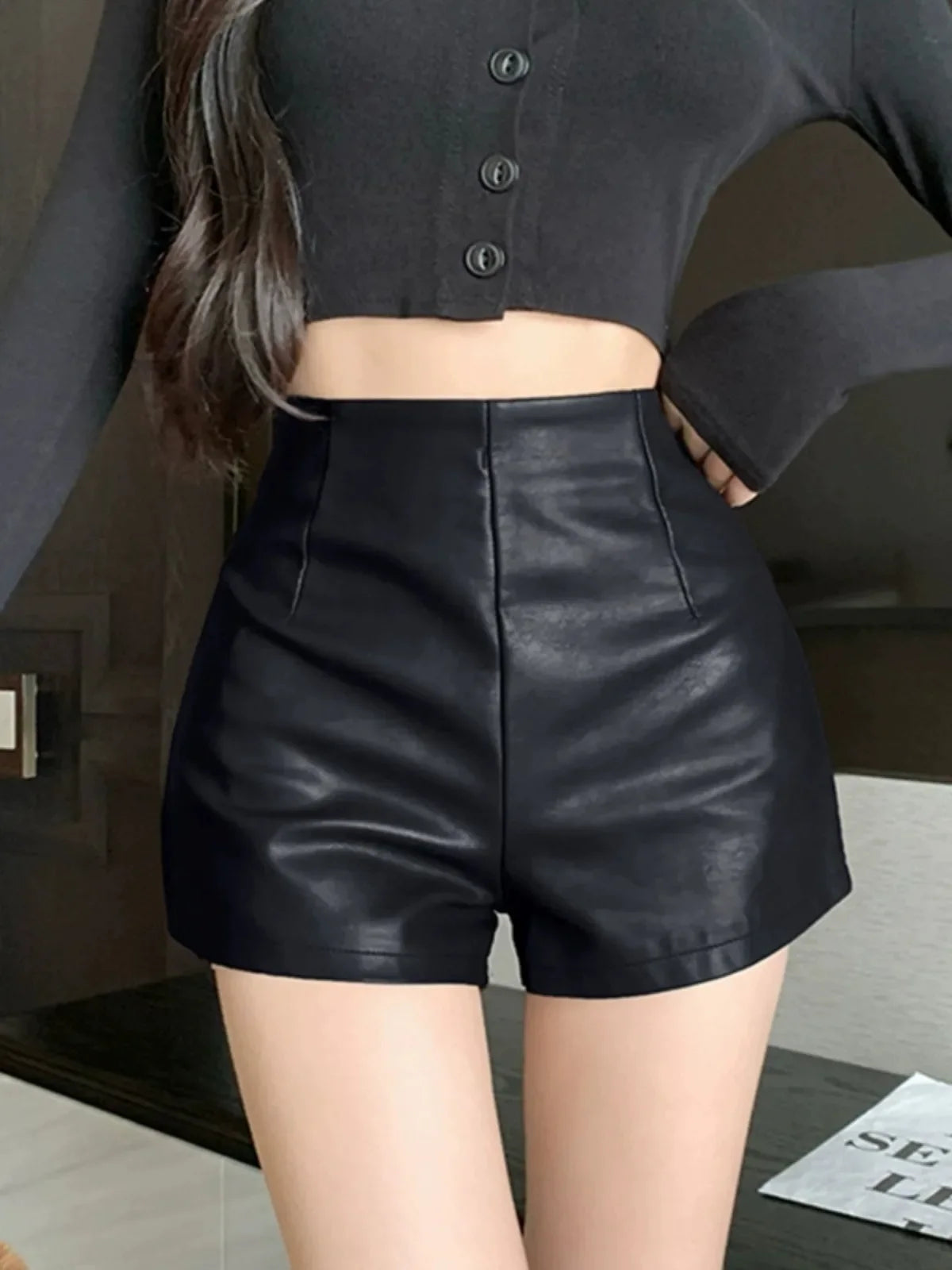 Lunivop Women's New Autumn Black Leather Shorts High-waisted Slimming Tight A- line Casual Pants For Smooth Slimmed Silhouette