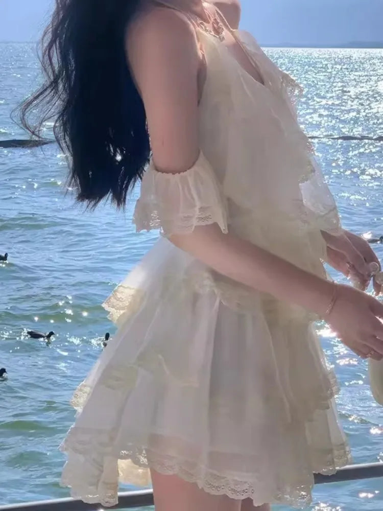 Lunivop  Basics Sweet Beige Long Dresess Ruffled Hdiday Straps Short V-Neck Dress Spring Summer Holiday midi elbiseler Vestidos New