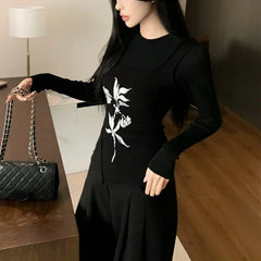 Lunivop Autumn New High Street Floral Printed Irregular Sexy Knitted Camisole Women + Black Long-sleeved T-shirt Two-piece Suit