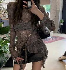 Lunivop  Retro Print Slim Fit Long Sleeved T-shirt Top Drawstring Lace Up Slim Waist Blouses 2025 New Bottoming All-match Tee Shirt