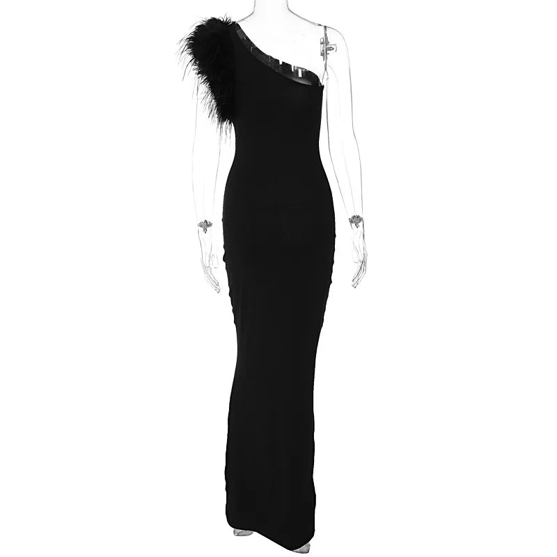 Lunivop Graphic Feather One Shoulder Elegant Midi Dresses Winter Evening Party Club Ladies Y2K New Wommen Clothes