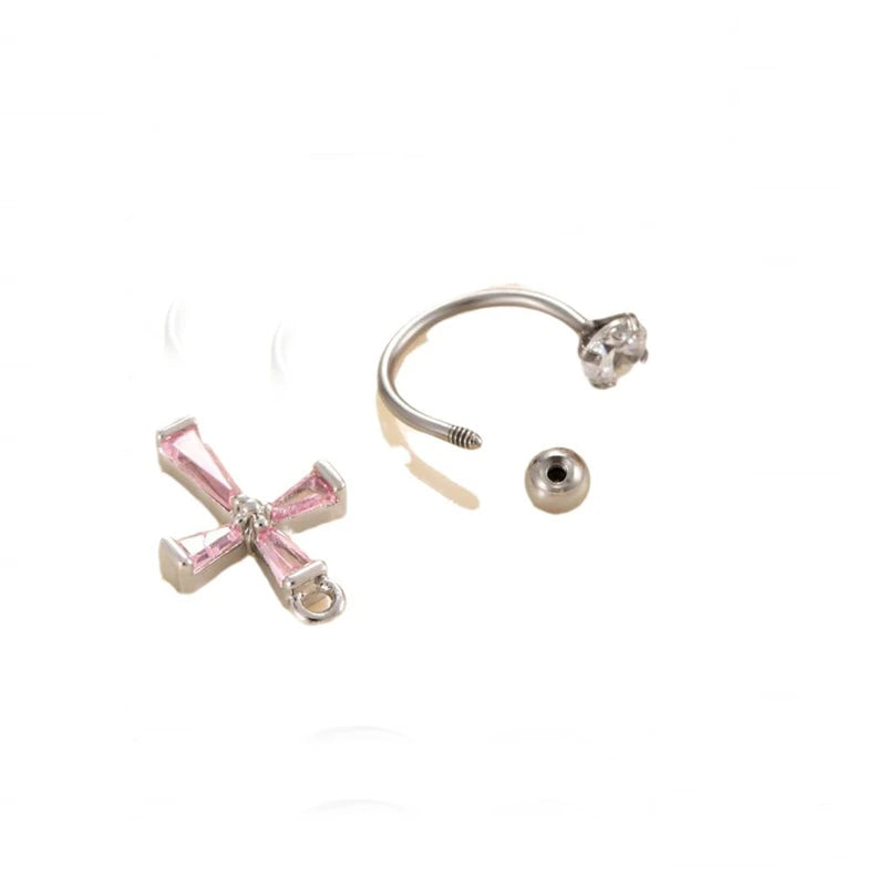 Lunivop 1PCS Pink Zircon Cross 316L Stainless Steel Annular Ear Bone Nail New Fashion U-shaped Earrings for Women Y2K Punk Jewelry