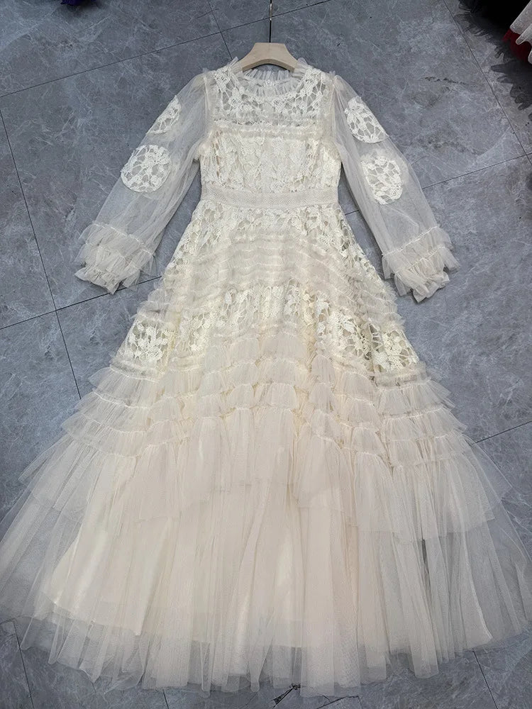 Lunivop Solid Hollow Out Ruffles Design Dresses For Women Round Neck Long Sleeve High Waist Elegant Dress Autumn 2025 New