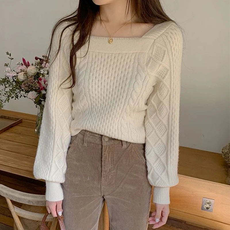 Lunivop Square Neck Knitted Sweater Long Sleeve Cable-knit Crop Jumper Women's Pulover Teen-girl Fall Winter 2025 Basic Outfit
