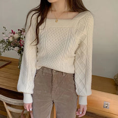 Lunivop Square Neck Knitted Sweater Long Sleeve Cable-knit Crop Jumper Women's Pulover Teen-girl Fall Winter 2025 Basic Outfit
