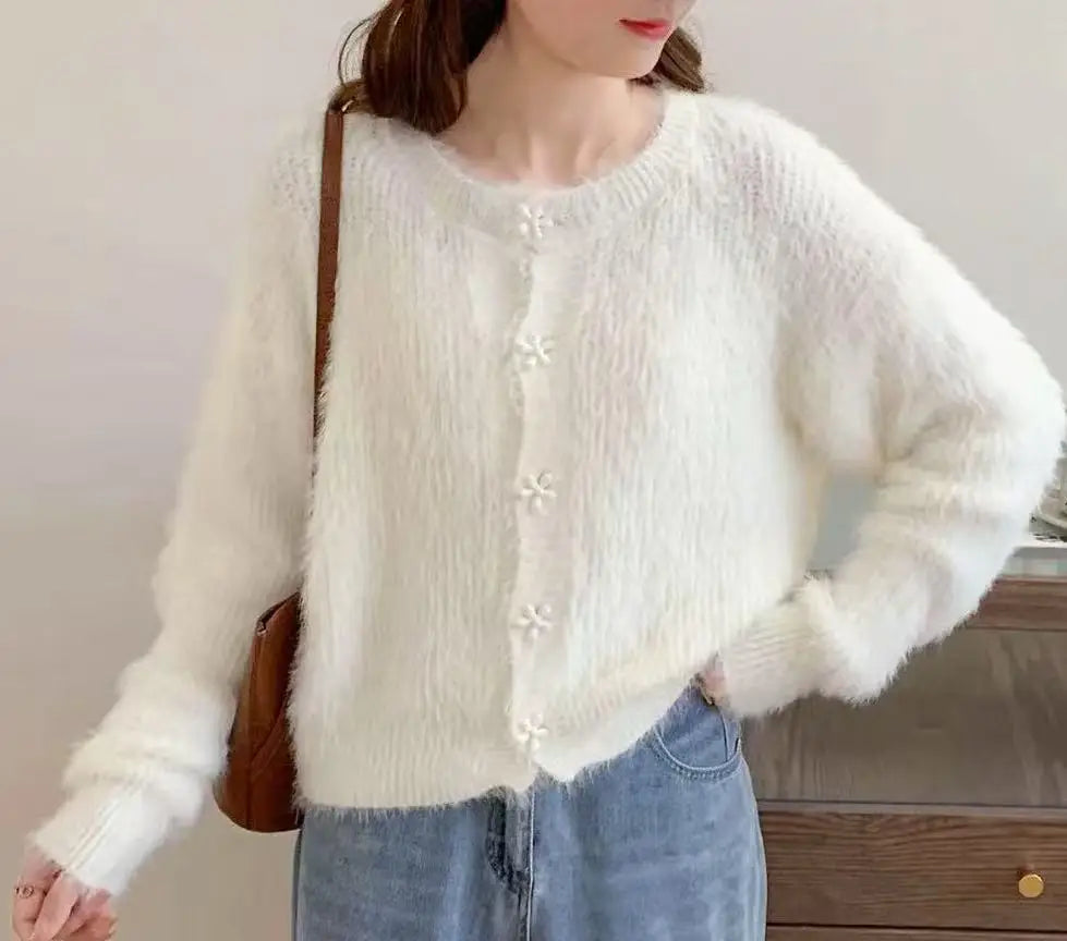 Lunivop Flower Button Fuzzy Knit Sweater Cardigan Warm Fluffy Button-up Crop Sweater Jacket Knitwear Teen-girl Fall Winter Cute Outfit