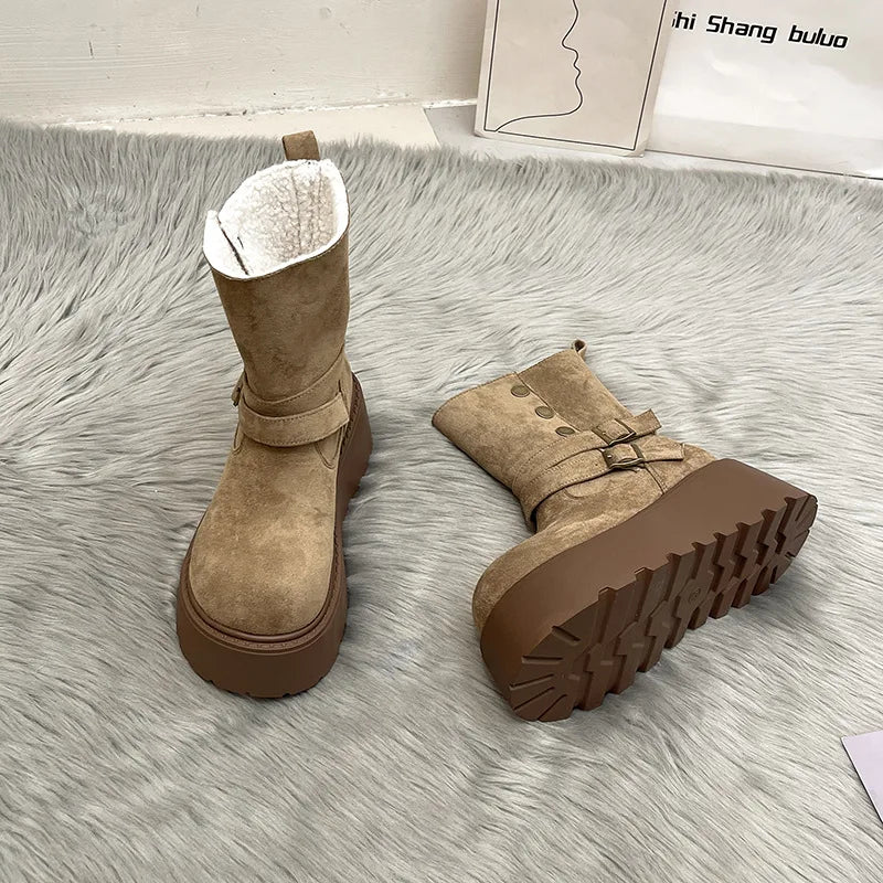 Lunivop New  Winter Platform Flats Women Warm Plush Mid Calf Boots Fashion Belt Buckle Shoes Concise Cotton Short Botas De Mujer