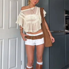 Lunivop  Women Y2K Sheer Chiffon Lace Trim Crop Blouse Ruffle Sleeve Boho Vacation Coverup Babydoll Top Summer Going Out Shirt