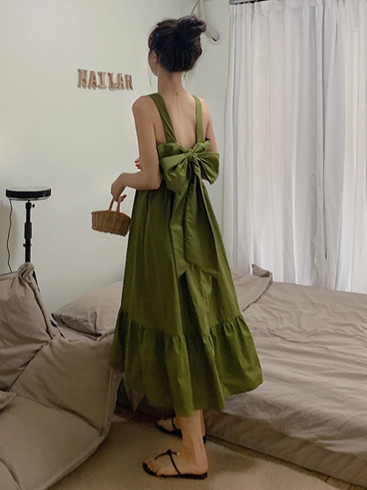 Lunivop Cute Bow Women Dress Elegant Sexy Backless Preppy Style Student Long Dress Korean Fashion Summer Female Strappy Dress New