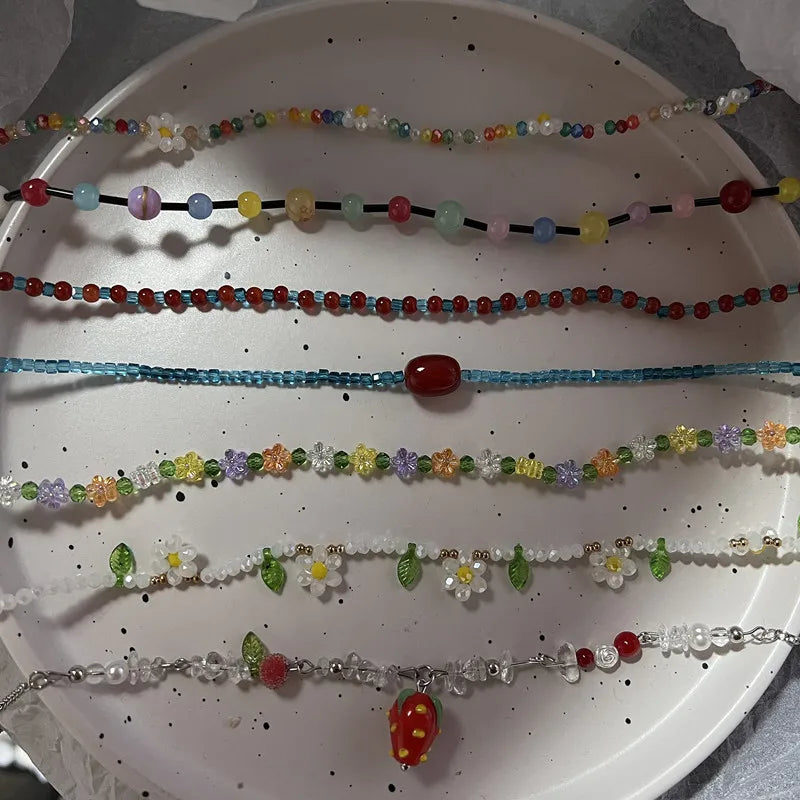 Lunivop Bohemia Colorful Beads Chain Choker Necklace Trendy Small Flower Accessory for Women Men Girls Jewelry Gift