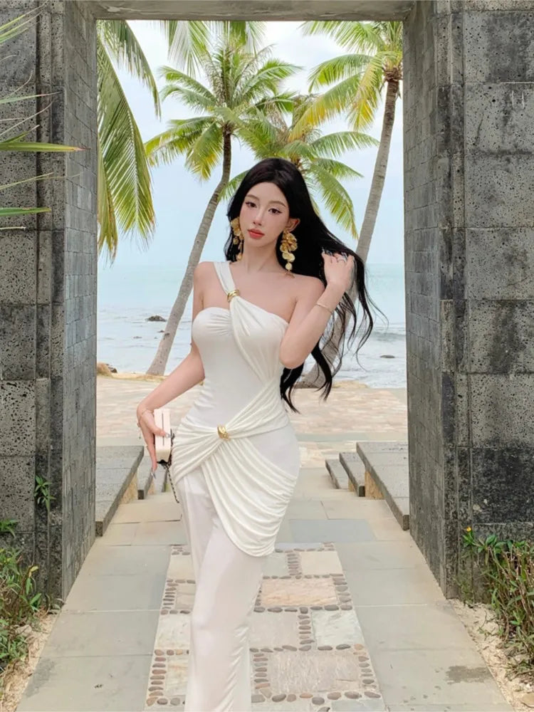 Lunivop  Fashion Women Sleeve Sexy Backless Long Dresses Summer Party Evening Slim Vestidos  Fitting Sloping Shoulder Bodycon Dress