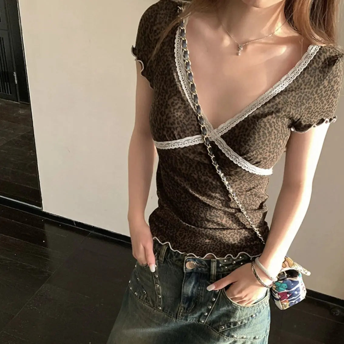 Lunivop  Summer Fashion Lace V Neck Ruffle Short Sleeve Shirts American Subcultural Print Slim Waist Y2k Aesthetic Tops Harajuku Tees