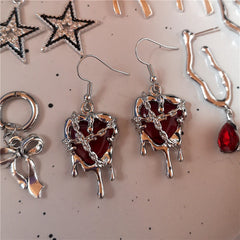 Lunivop Gothic Vintage Red Black Glass Crystal Heart Star Bowknot Pendant Earrings Women Y2K Aesthetic Jewelry Charms Punk Accessories