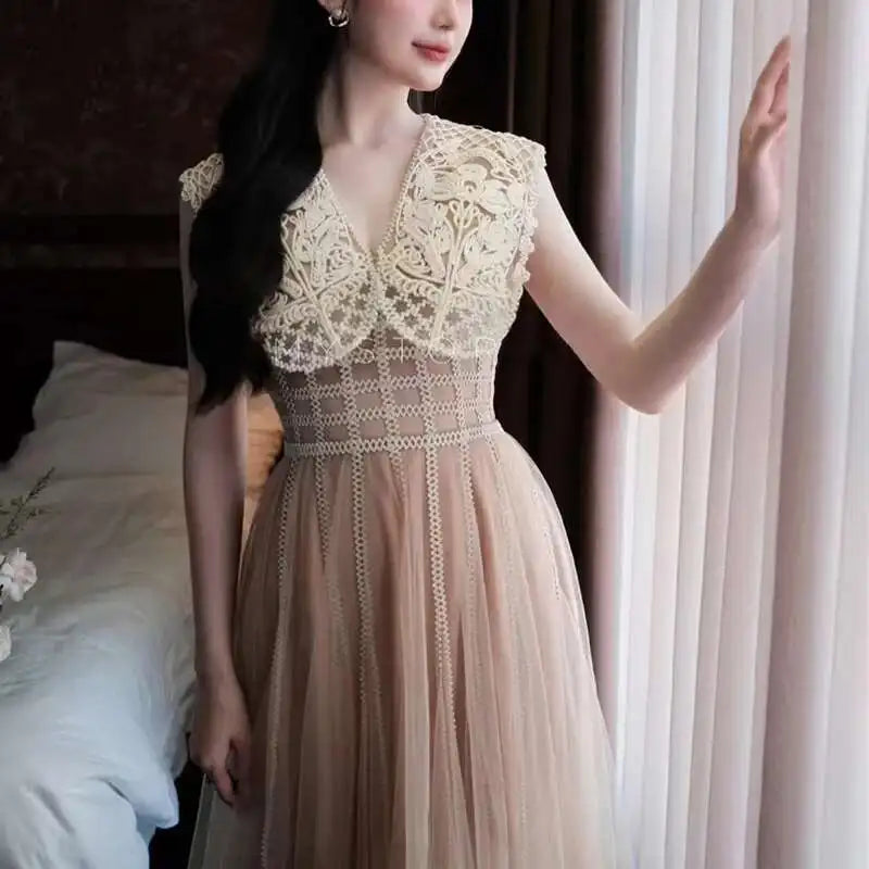 Lunivop Women's Fashion Evening Dress V-neck Sleeveless Lace Hollow Out Spliced Slim Mesh Dresses All Season New Tide