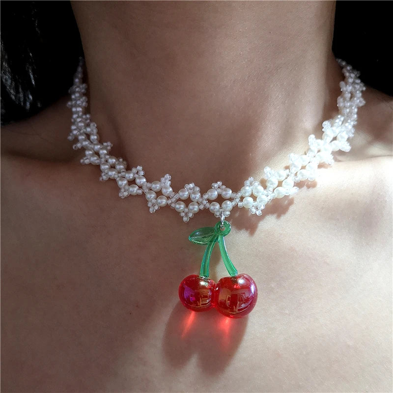 Lunivop Kpop Goth Vintage Cute Charm Cherry Strawberry Pendant Pearl Choker Necklace Women 2000s Y2K EMO Rave Jewelry Scene Accessories