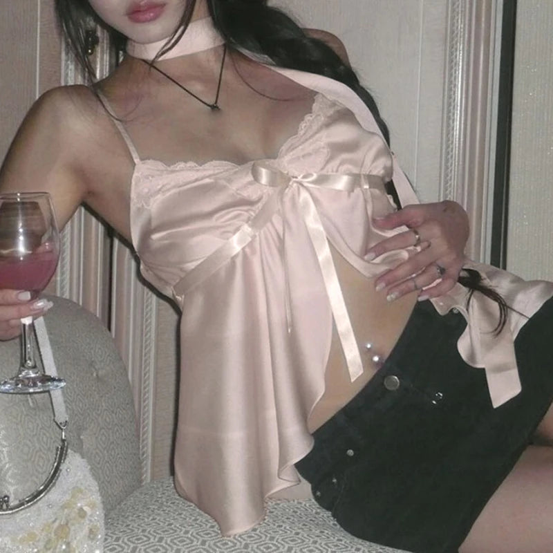 Lunivop  Kawaii Bandage Lace Pink Camisole Women Sexy Sweet Patchwork Satin Crop Tops with Slit Summer y2k Vintage Tank Tops Cute