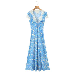 Lunivop  Women Retro French Style Blue Floral Print Spliced Lace V neck Short Sleeve Dress Summer Viscose Cotton Long Dresses Vestidos