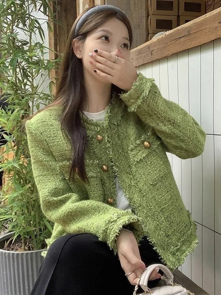 Lunivop Sweet Green Tweed Jackets Women Vintage Long Sleeve Casual Coat Korean O Neck Fall Winter Retro All Match Elegant Outwear Tops