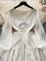Lunivop  Chic Fashion Women Gentle Elegant V Neck Slim Ruffled Chiffon Dresses Spring Solid Long Sleeve Vintage