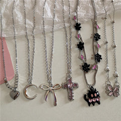 Lunivop Goth Harajuku Cute Pink Cross Heart Bowknot Cat Moon Pendant Chain 90s Aesthetic Necklace Kpop Girl EMO Y2k Grunge Accessories