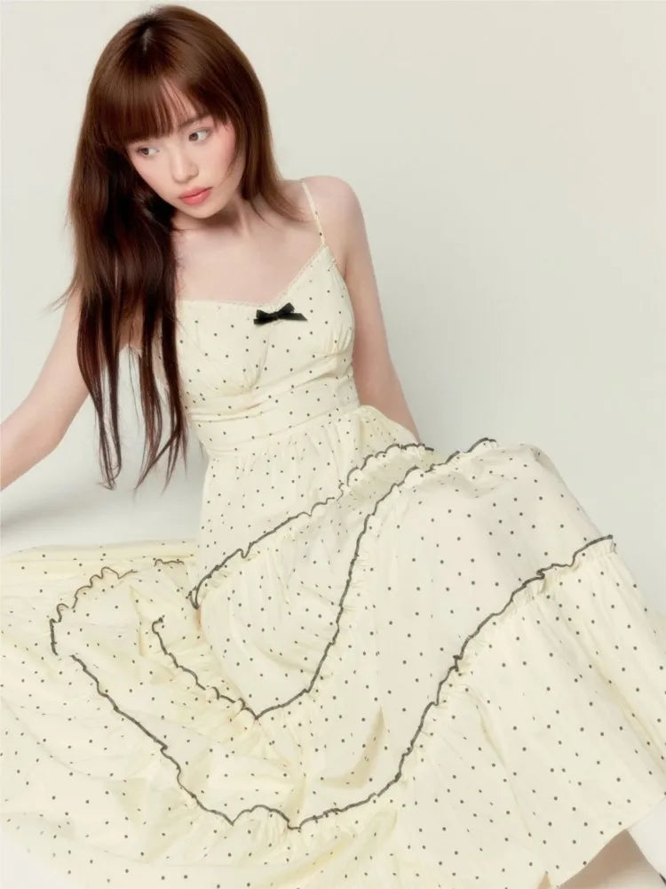 Lunivop Sweet Gentle Style Polka Dot Print Long Camisols Cake Dresses Women's Summer Spliced Lace V-neck Sleeveless Bow Suspender Dress