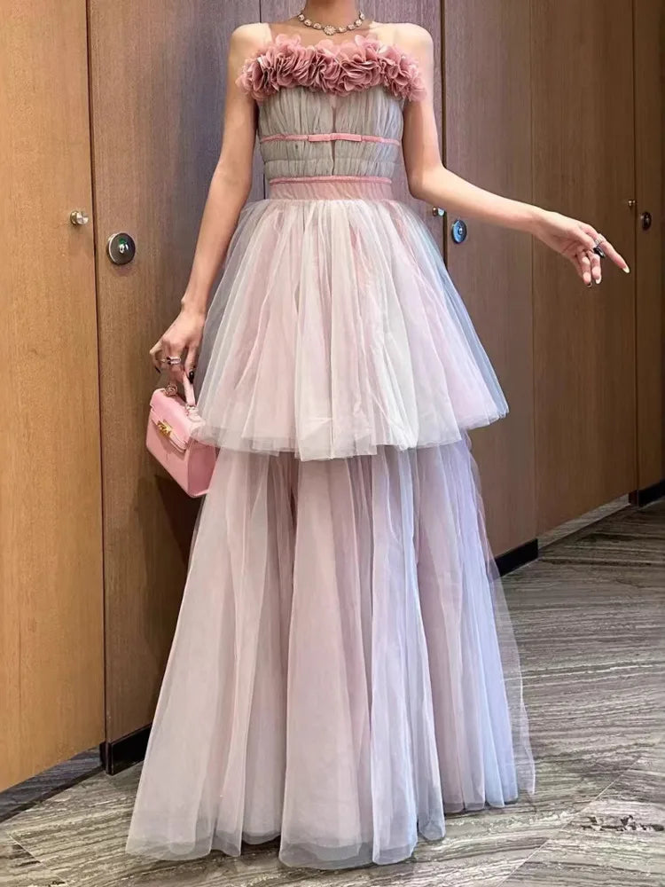 Lunivop  Fashion Women Dress Sleeveless 3D Flowers Splicing Double-layer Large Skirt Hem Female Party Dress New Tide