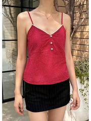 Lunivop  Vintage Red Plaid Buttons V-neck Camis Women Summer Casual Lace Trim Slim Simple Sleeveless Vests Sweet Preppy Style Tank Tops