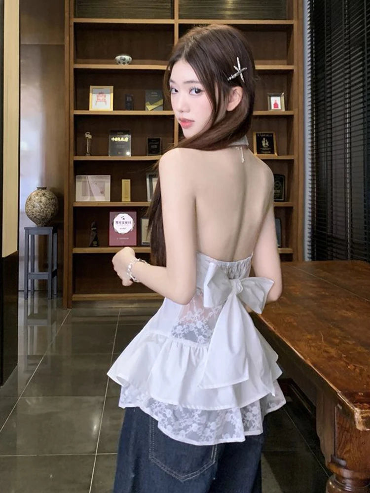 Lunivop  Sexy Backless Bow Shirt Women Sweet Lace Patchwork Slim White Blouse French Vintage Elegant Lady Summer Hollow Out Tops New