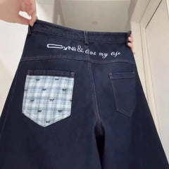 Lunivop  Fall Winter New Women's Wide Leg Floor Length Jeans Featuring Letter Embroidery Bow and Checkered Stitching