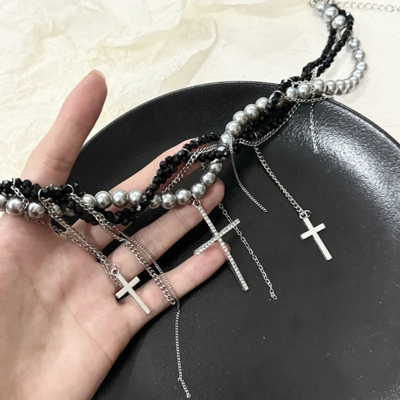 LunivopGrunge Y2K Unique Pearls Entwined Chain Choker with Fringes Crucifix Charm Necklace Jewelry