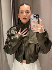 Lunivop  Chic Fashion Faux Leather Jackets for Women Loose Zipper Long Sleeve Female Short Coats Autumn Lady Casual New Outerwear ﻿