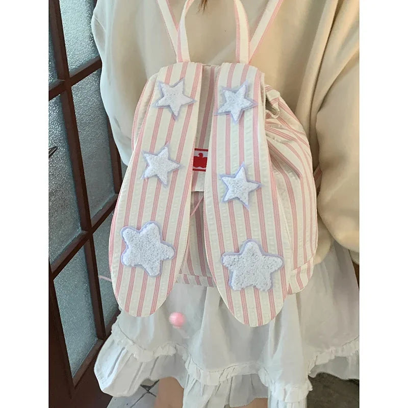 Lunivop  New Fashion Striped Canvas Bag Korean Student Backpacks Cute Rabbit Ear Backpack for Women